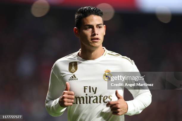James Rodriguez of Real Madrid looks on during the Liga match between Club Atletico de Madrid and Real Madrid CF at Wanda Metropolitano on September...