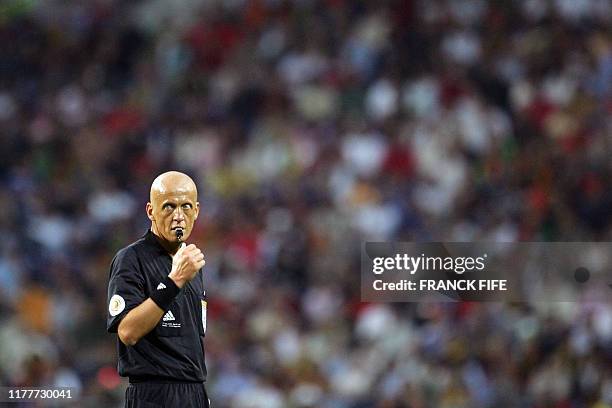 Italian referee Pierluigi Collina is seen 01 July 2004 at Dragao stadium in Porto, during the Euro 2004 semi final match between Greece and Czech...