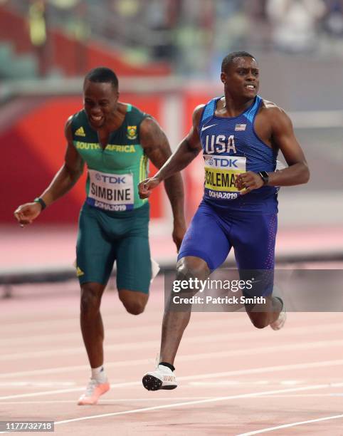 Christian Coleman of the United States crosses the finish line to win the Men's 100 Metres final during day two of 17th IAAF World Athletics...