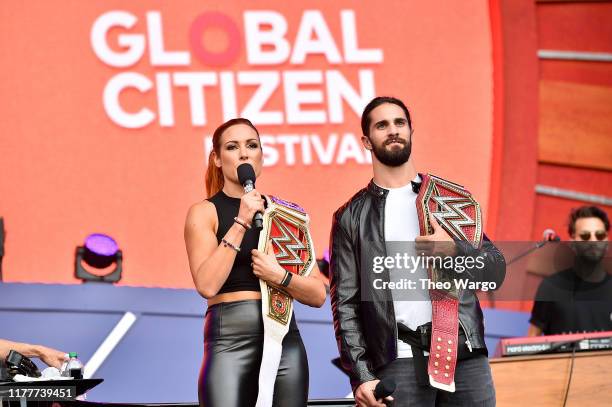 Becky Lynch and Seth Rollins speak onstage during the 2019 Global Citizen Festival: Power The Movement in Central Park on September 28, 2019 in New...