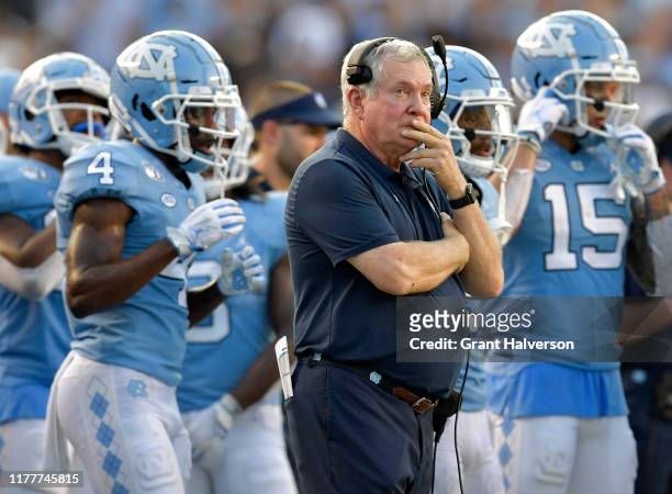 Head coach Mack Brown of the North Carolina Tar Heels watches him team play against the Clemson Tigers during the second half of their game at Kenan...