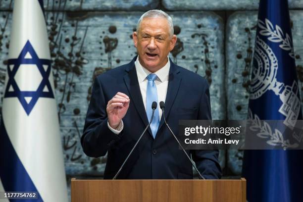 Blue and White Party Leader Benny Gantz speaks during a nomination ceremony on October 23, 2019 in Jerusalem, Israel. Gantz has received a mandate to...