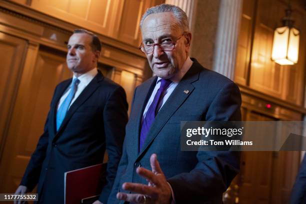 Senate Minority Leader Charles Schumer, D-N.Y., right, and Brett McGurk, former special envoy to counter ISIS, make their way to the Democratic...