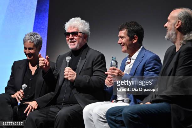 Carla Marcantonio, Pedro Almodóvar, Antonio Banderas, and Kent Jones attend the "Pain and Glory" Q&A during the 57th New York Film Festival at Alice...