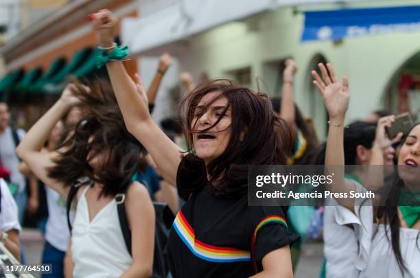 Hundreds of women protest with songs and posters during a protest to ask the Government for the decriminalisation of abortion on September 28, 2019...