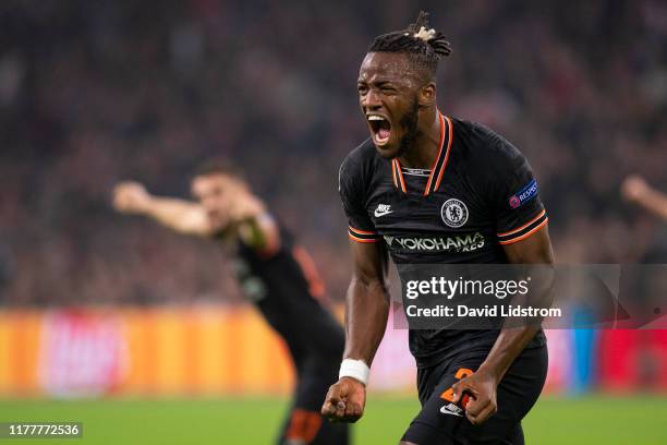 Michy Batshuayi of Chelsea FC celebrates after scoring the 0-1 goal during the UEFA Champions League group H match between AFC Ajax and Chelsea FC at...