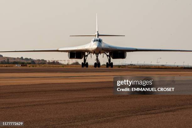 Russian Air Force Tupolev Tu-160 "Blackjack", a supersonic variable-sweep wing heavy strategic bomber, is parked on the tarmac at the Waterkloof Air...