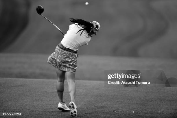 Yui Kawamoto of Japan hits her tee shot on the 5th hole during the final round of the Miyagi TV Cup Dunlop Women's Open at Rufu Golf Club on...