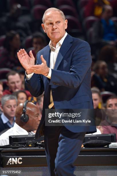 Head Coach John Beilein of the Cleveland Cavaliers reacts to a play against the Boston Celtics during a pre-season game on October 15, 2019 at Rocket...