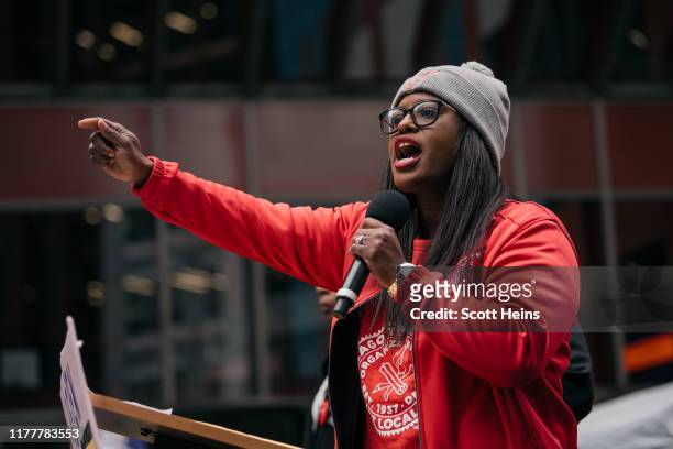 Chicago Teachers Union Vice President Stacy Davis Gates speaks at a downtown rally in support of the ongoing teachers strike on October 23, 2019 in...
