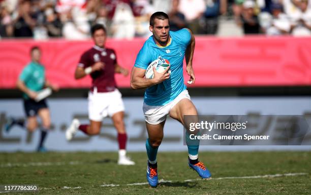 Andres Vilaseca of Uruguay scores his team's first try during the Rugby World Cup 2019 Group D game between Georgia and Uruguay at Kumagaya Rugby...