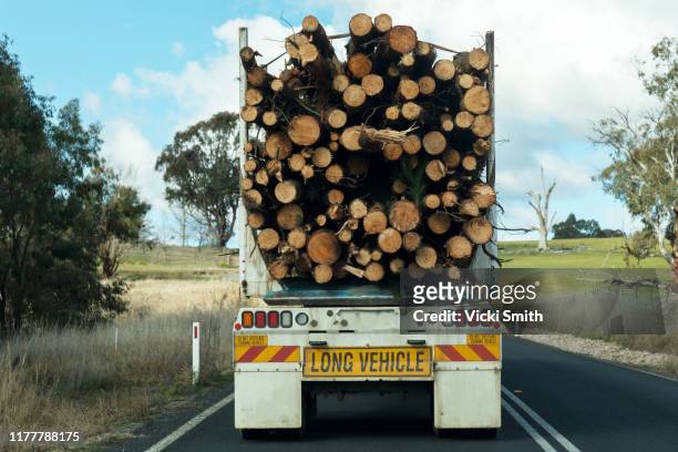 back view of a semi trailer with a load of timber / logs driving on the road - forest new south wales stock pictures, royalty-free photos & images