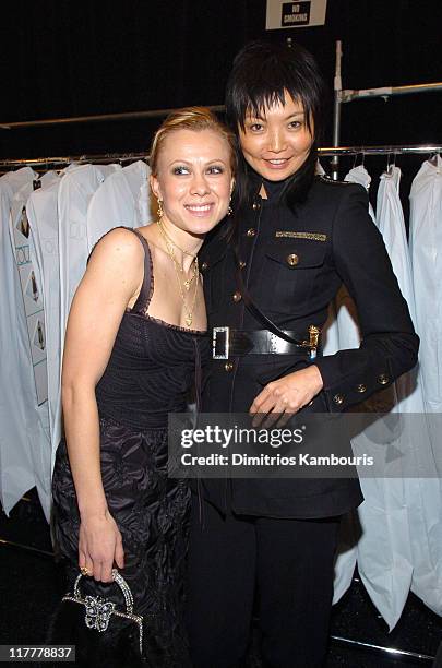 Oksana Baiul and Irina Pantaeva during Olympus Fashion Week Fall 2005 - Luca Luca - Front Row and Backstage at Bryant Park in New York City, New...