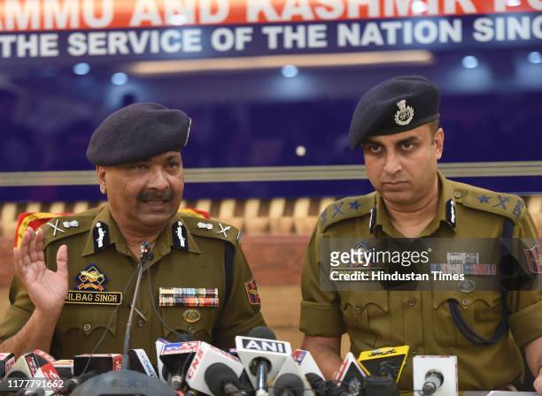 Dilbagh Singh Director General of Jammu and Kashmir and Swayam Parkash Pani Inspector General of Police addressing a press conference at Police...