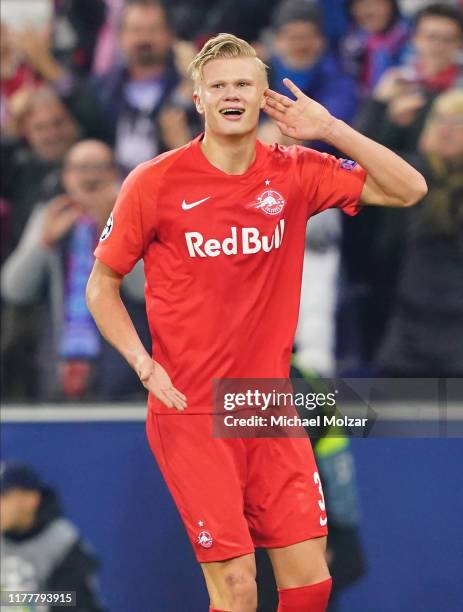 Erling Braut Haaland of Salzburg celebrates his second goal to tie the game during the Group E UEFA Champions League match between Red Bull Salzburg...