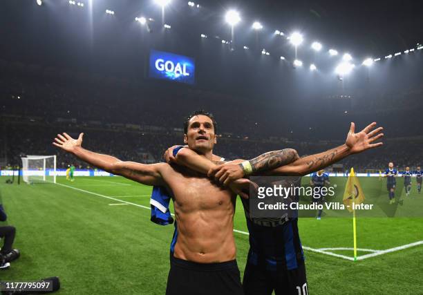 Antonio Candreva of FC Internazionale celebrates after scoring a goal to make it 2-0 during the UEFA Champions League group F match between FC...
