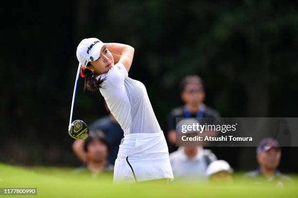 Shin-Ae Ahn of South Korea hits her tee shot on the 8th hole during the final round of the Miyagi TV Cup Dunlop Women's Open at Rufu Golf Club on...