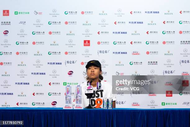 Naomi Osaka of Japan attends a press conference after the Women's Singles first round match against Jessica Pegula of the United States on Day two of...