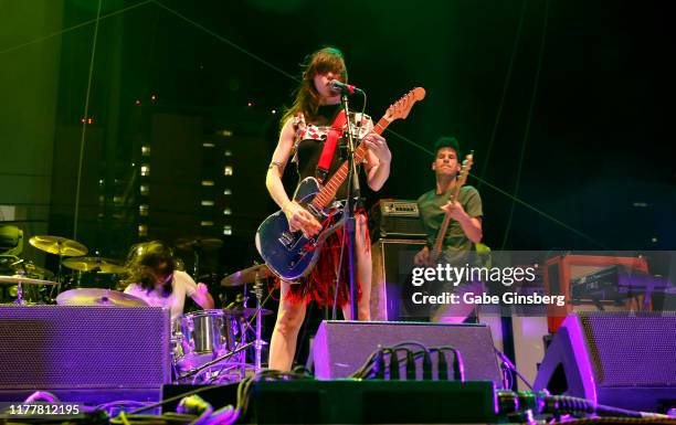 Drummer Alejandra Robles Luna, singer Teri Gender Bender and bassist Omar Rodriguez-Lopez of Le Butcherettes perform at the Downtown Las Vegas Events...