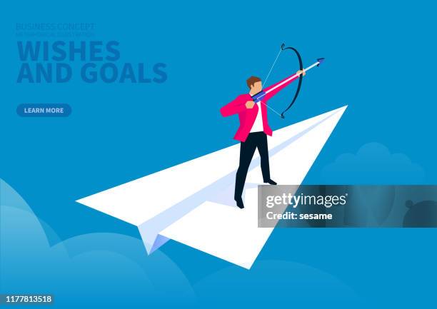 business goals and wishes, businessman standing on paper plane archery - arrow bow and arrow stock illustrations