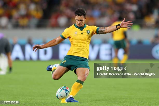 Matt To'omua of Australia kicks a conversion during the Rugby World Cup 2019 Group D game between Australia and Wales at Tokyo Stadium on September...