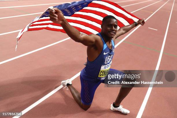 Christian Coleman of the United States celebrates winning gold in the Men's 100 Metres final during day two of 17th IAAF World Athletics...