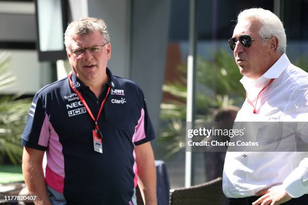 Owner of Racing Point Lawrence Stroll and Otmar Szafnauer, Team Principal and Chief Executive Officer of Racing Point talk in the Paddock before the...