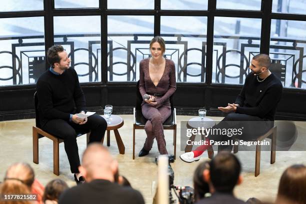 Derek Blasberg, Teddy Quinlivan and Phillip Picardi speak on stage at the BoF 500 Symposium at Galeries Lafayette on September 29, 2019 in Paris,...