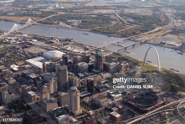 This aerial view shows the Gateway Arch near the Mississippi River in St Louis, Missouri, on October 23, 2019.