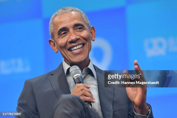 Former U.S. President Barack Obama speaks at the opening of the Bits & Pretzels meetup on September 29, 2019 in Munich, Germany. The annual event...