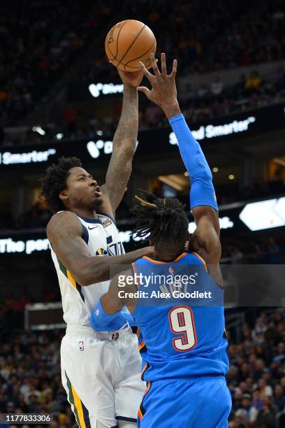 Ed Davis of the Utah Jazz attempts a shot over Nerlens Noel of the Oklahoma City Thunder during an opening night game at Vivint Smart Home Arena on...