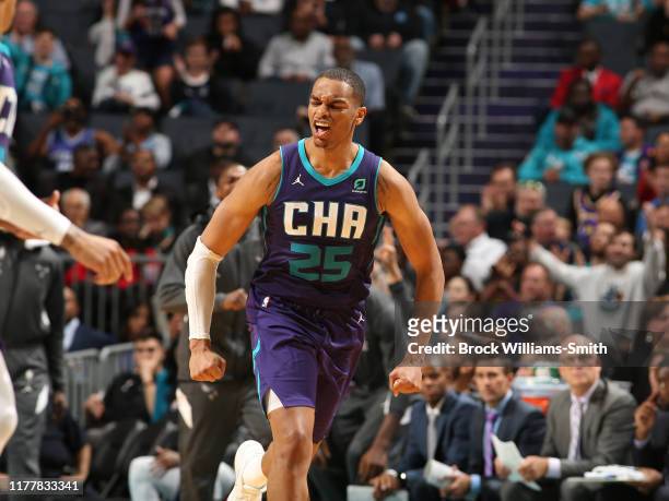 Washington of the Charlotte Hornets shows emotion during the game against the Chicago Bulls on October 23, 2019 at Spectrum Center in Charlotte,...