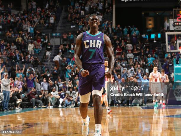 Dwayne Bacon of the Charlotte Hornets shows emotion during the game against the Chicago Bulls on October 23, 2019 at Spectrum Center in Charlotte,...
