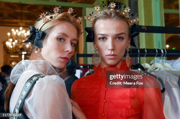 Model poses backstage ahead of the Flying Solo Womenswear Spring/Summer 2020 show as part of Paris Fashion Week on September 28, 2019 in Paris,...