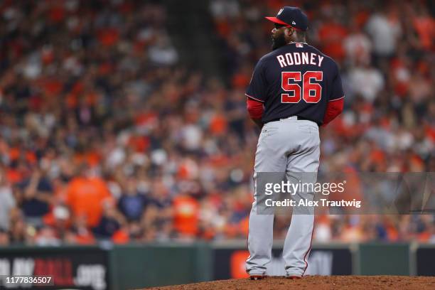 Fernando Rodney of the Washington Nationals gets ready to pitch in the seventh inning during Game 2 of the 2019 World Series between the Washington...