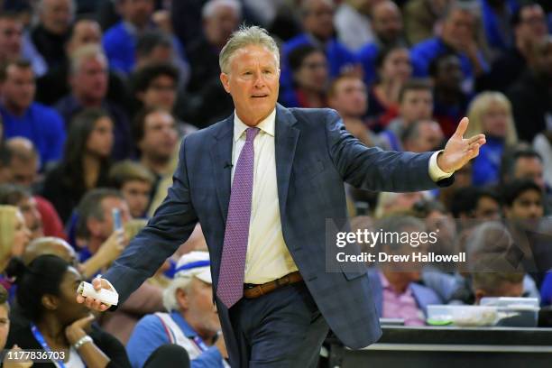 Head coach Brett Brown of the Philadelphia 76ers reacts during the game against the Boston Celtics at Wells Fargo Center on October 23, 2019 in...