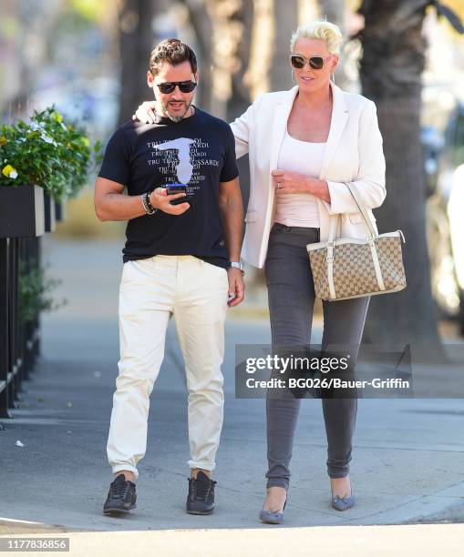 Mattia Dessi and Brigitte Nielsen are seen on October 23, 2019 in Los Angeles, California.