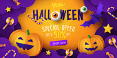 Halloween Sale Promotion banner with cutest pumpkins, bat and candy in night clouds. Paper cut, digital craft style.