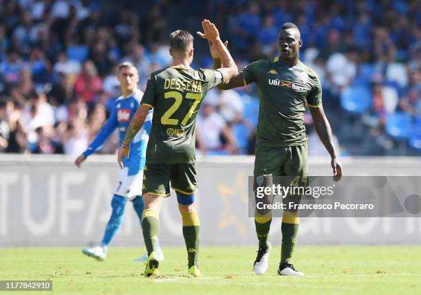 Daniele Dessena and Mario Balotelli of Brescia Calcio celebrate the 2-1 goal scored by Mario Balotelli during the Serie A match between SSC Napoli...