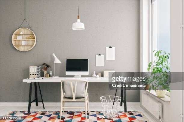 scandinavian style modern home office interior - desk stock pictures, royalty-free photos & images