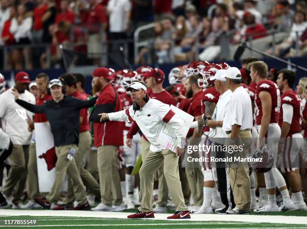 Head coach Chad Morris of the Arkansas Razorbacks before a game against the Texas A&M Aggies during the Southwest Classic at AT&T Stadium on...