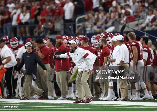 Head coach Chad Morris of the Arkansas Razorbacks before a game against the Texas A&M Aggies during the Southwest Classic at AT&T Stadium on...