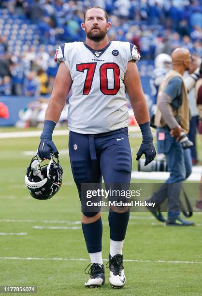 Dan Skipper of the Houston Texans is seen after the game against the Indianapolis Colts at Lucas Oil Stadium on October 20, 2019 in Indianapolis,...