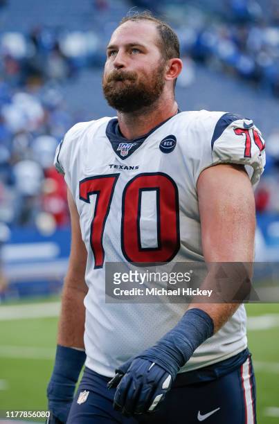 Dan Skipper of the Houston Texans is seen after the game against the Indianapolis Colts at Lucas Oil Stadium on October 20, 2019 in Indianapolis,...