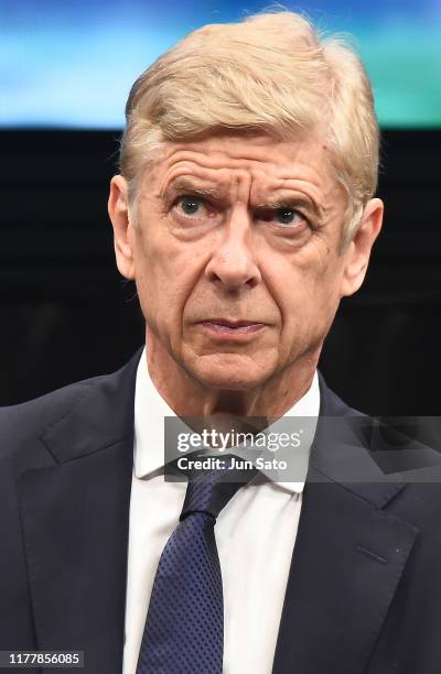 Arsene Wenger speaks to the media at Yoshimoto Hall on October 24, 2019 in Tokyo, Japan.