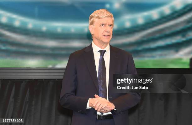 Arsene Wenger speaks to the media at Yoshimoto Hall on October 24, 2019 in Tokyo, Japan.