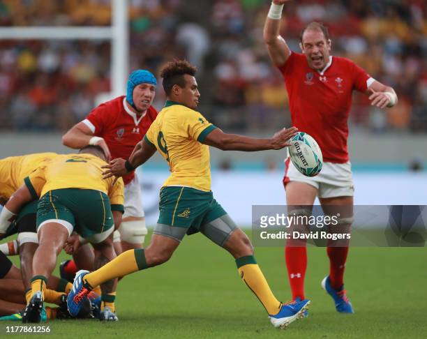 Will Genia of Australia kicks the ball upfield during the Rugby World Cup 2019 Group D game between Australia and Wales at Tokyo Stadium on September...