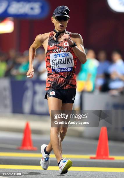 Yusuke Suzuki of Japan competes in the Men’s 50km Race Walk final during day two of 17th IAAF World Athletics Championships Doha 2019 on September...