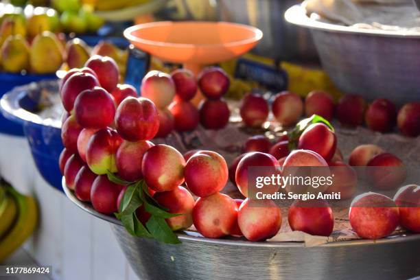 uzbek nectarines on sale at bazaar - uzbekistan market stock pictures, royalty-free photos & images