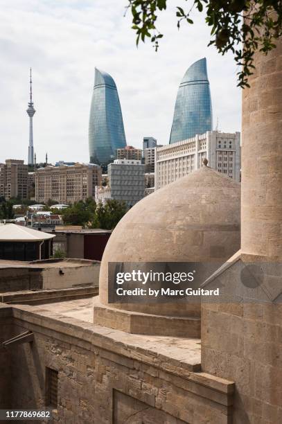 flame towers and palace of the shirvanshahs, baku, azerbaijan - baku bildbanksfoton och bilder